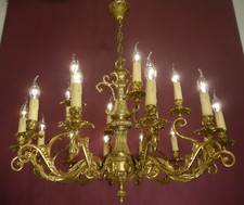 LARGE CHANDELIER ANTIQUE SHAPE 12 ARMS 18 LAMPS BRASS 2 TIERs LIGHTINGS Ø 37"