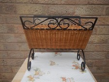 vintage/older wicker/black wrought iron magazine/log rack fold up