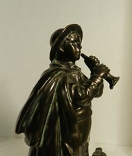 SHLF - VINTAGE CZECHOSLOVAKIA  BLACK FIGURINE -CAPED PIPER,  & DOG, 12.5"