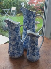 Set Of 3 Blue And White Floral Roses Ceramic Jugs/Vases