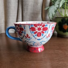Tesco Hand Painted Mug Stoneware Footed Pedestal Cup Red Blue Large Moroccan 