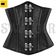 NEW Heavy Duty Steel Boned Under-bust Waist cincher Black Leather Size Small