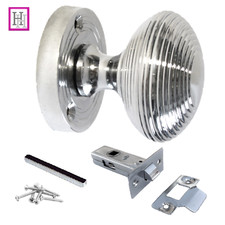 DOOR KNOBS SET Chrome MORTICE REEDED Handle Silver Sprung Round Internal