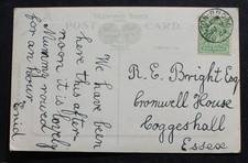 Oulton Broad, Suffolk 1909 postmark on a O B postcard to R. E. Bright, Cromwell