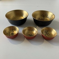 Bundle Of Vintage Lacquerware Japanese Bowls Hand Painted Lacquer Ware