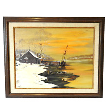 Original Oil Painting Winter Landscape Scene Signed E. Moore Board Mounted Vtg
