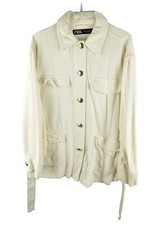 Zara Womans Cream Couduroy Belted JAcket Cotton Size M Button Up