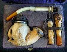 7" Antique Meerschaum Egg In Claw Pipe w/Matching Tamper, Cigarette Holder, Case