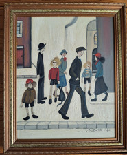 L S LOWRY - Framed Oil Painting on Canvas Board - Busy Street Scene - Delightful