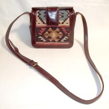 Kilim Art Leather Bag, Shoulder, Geometric Pattern Wool Tapestry Front