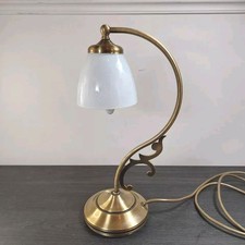 Table Lamp Curved Neck & Decorative Finial Brass White Glass Shade Vintage