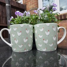 2 x Sainsburys Chicken Print Design Mugs Cups Green Farm Animals Birds Easter