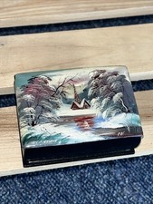 Vintage Fedoskino Russian Black Lacquer Trinket Box 7x5x3cms Snow Scene