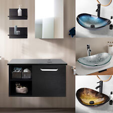 Bathroom Under Sink Cabinet Countertop Basin Sink Tempered Glass Wash Bowl Set
