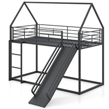 COSTWAY 190 x 90 cm House Bunk Bed Low Bunk Bed Frame with Ladder-Black
