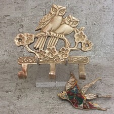 Brass key holder owls - 3 hooks - Vintage - Wall mounted - 13cm/5'' - EUC