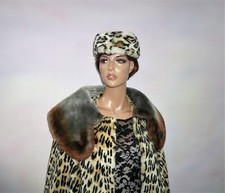 Vintage Real Sheepskin Beaver Lamb Fur Wool Hat for Coat Leo Ocelot Print S - M