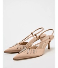 Zara Rhinestone Heels Blush Pink Nude Slingback Pumps Shoes Sandals UK4