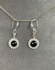 Genuine Whitby Jet Sterling Silver Earrings, set in zircon surrounding.