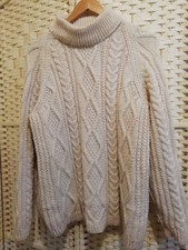 Handknit M/L (SEE DESC) cream aran roll neck wool jumper in good condition