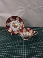 Vintage Red Paragon China Tea Cup and Saucer, Intricate Gold Overlay Design