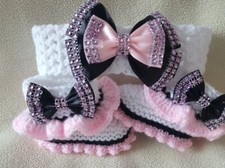 Hand knitted Romany Bling baby girls booties/shoes/Crochet headband.0-3 months