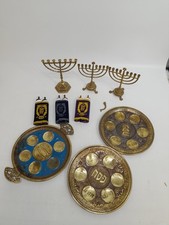 Selection Of Brass Menorah Passover Plates And Hebrew Torah Scroll Books