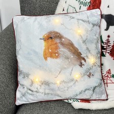 Winter Robin Cushion Light Up 45cm Large Square Soft Chrismas Decor Sofa Pillow