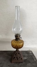Vintage Oil Lamp & Chimney Cast Iron Base & Orange Glass Font 53.5cm