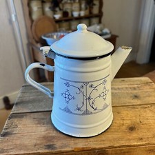 Vintage White Enamel Coffee Pot – Hinged Lid – Blue Pattern – Kitchenalia! –