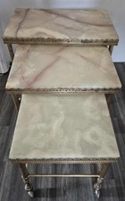 Vintage French Nest of Three Onyx Marble & Brass Coffee Tables w/ Wheels