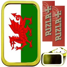 WELSH DRAGON SMOKING SET, GOLD 1oz TOBACCO TIN, 2 X RIZLA PAPERS & FILTERS