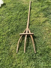 Antique vintage wooden three-pronged hay fork pitchfork rustic agricultural tool