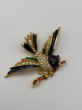 Vintage Gold Tone Metal, Enamel & Paste Stone Sphinx Bird Brooch - Marked 9924
