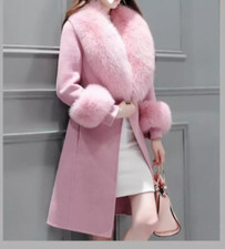 Women's Faux Fur Collar Wool Long Coat Jacket Winter Belt Outwear Overcoat HOT