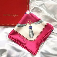 Cartier Silk Scarf Pink White Blue Large Square Women's Vintage Auth Excellent