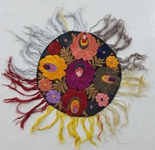 VintageHungarian Matyo Floral Silk Hand Embroidered Fringed Tablemate 34x33cm