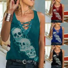 Womens V Neck Ladies Tank T Shirt Tops Blouse Plus Size Sleeveless Skull Vest