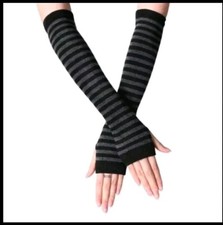 Black & Grey Striped Fingerless Gloves ☆ Warm Soft & Stretchy Stripy Arm Warmers