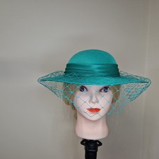 Bermona Trend Hat Vintage 1940s Style Land Girl Green Veil Satin Finish 58cm