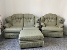 Genuine Leather Olive Colour Posh Sofa, Armchair And Ottoman Set