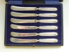 Antique Set of 6 Butter Knives with Sterling Silver Handles Sheffield 1919 boxed