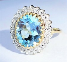 Large 9ct Gold Blue Topaz & Diamond Halo Ring, Size N1/2