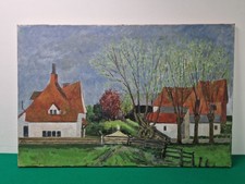 Large Unframed Naive Folk Art Oil on Canvas Painting of a Farmyard Unsigned