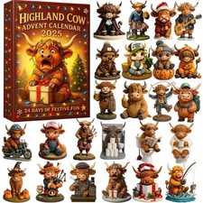 2D Flat Funny Highland Cow Advent Calendar 24 Days Christmas Countdown Calendar