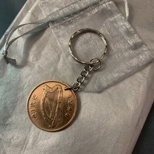 Coin Keyring Old Irish Penny 1948 Harp, Hen & Chicks With Gift Wrap & Bag