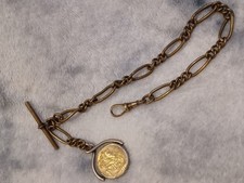 Vintage Metal Pocket Watch Chain 30cm Spinning 2x Gold Sovereigns Fob Seal