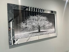 XL Silver Cherry Blossom Tree Liquid Art Wall Frame Chrome Look 82x42cm