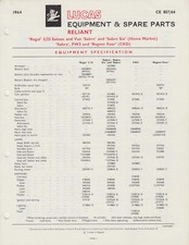 Reliant Regal 3/25 Van Sabra Lucas Spare Parts List  1964 NOT ILLUSTRATED