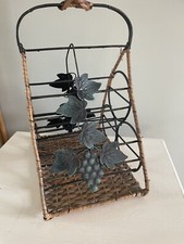 Vintage Metal + Wicker Wine 3 Bottle Holder Table/Counter-top Grape Vine Leaves